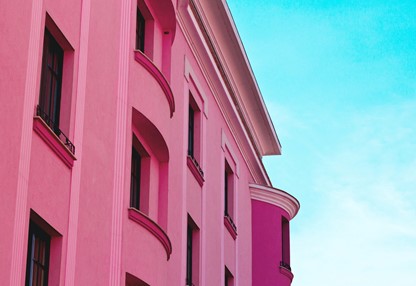Pink concrete building. Timisoara Romania